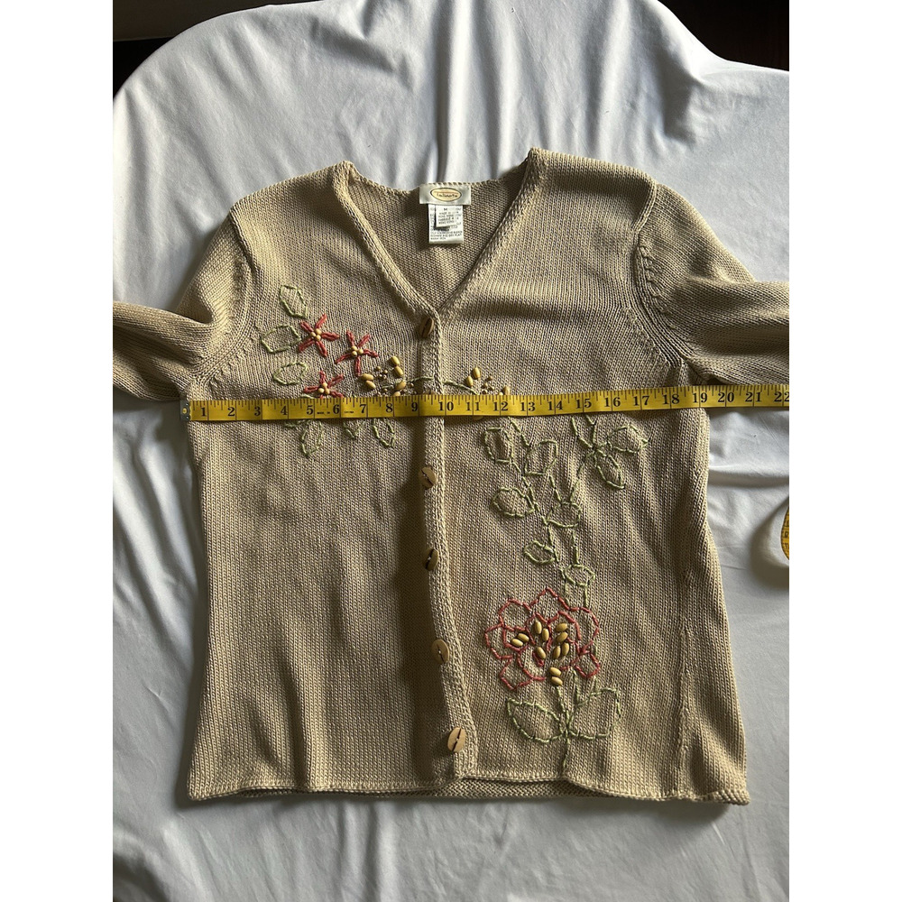 Vintage Talbots Floral Embroidered Beaded Cardigan Sweater Womens Size Med. Tan - Picture 7 of 10